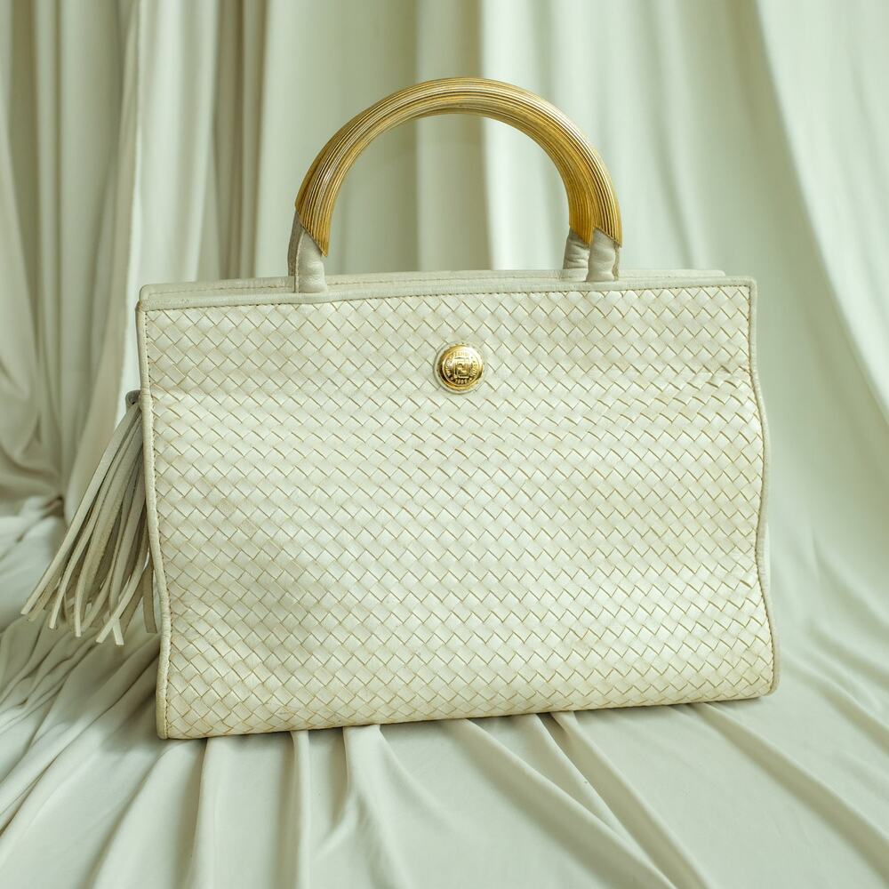 Fendi Woven Leather Tassel Bag - Cream/White, Gold Handles, Vintage